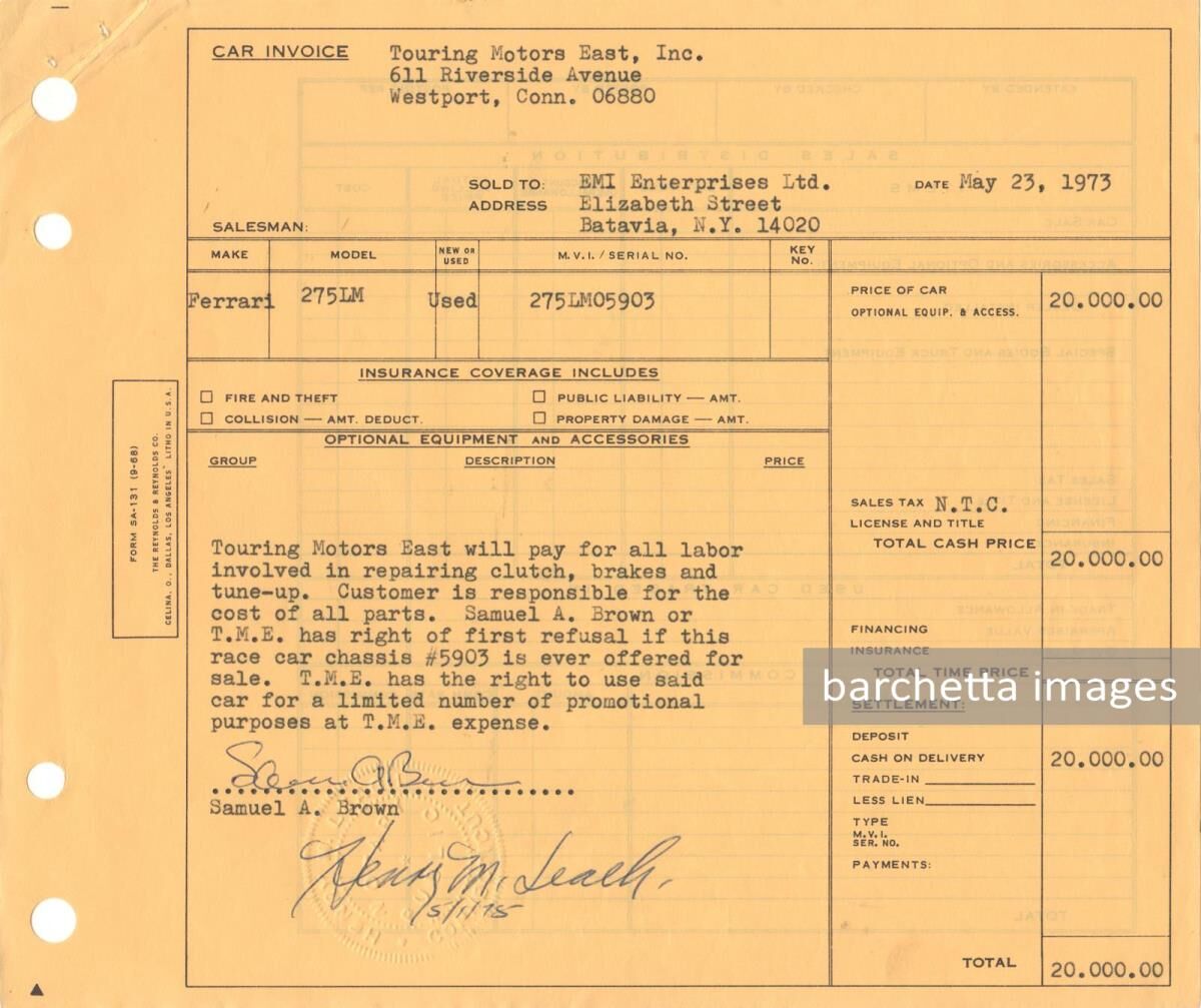 Touring Motors East, Inc Westport, CT Car Invoice to EMI, Batavia, NY