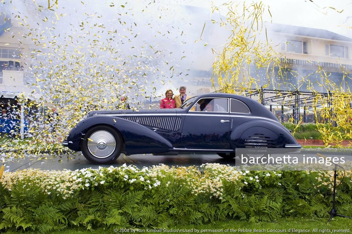 The 2008 Pebble Beach Concours d'Elegance Best of Show winner: \na 1938 Alfa Romeo 8C 2900B Touring Berlinetta owned by Jon & Mary Shirley from Medina, Washington.