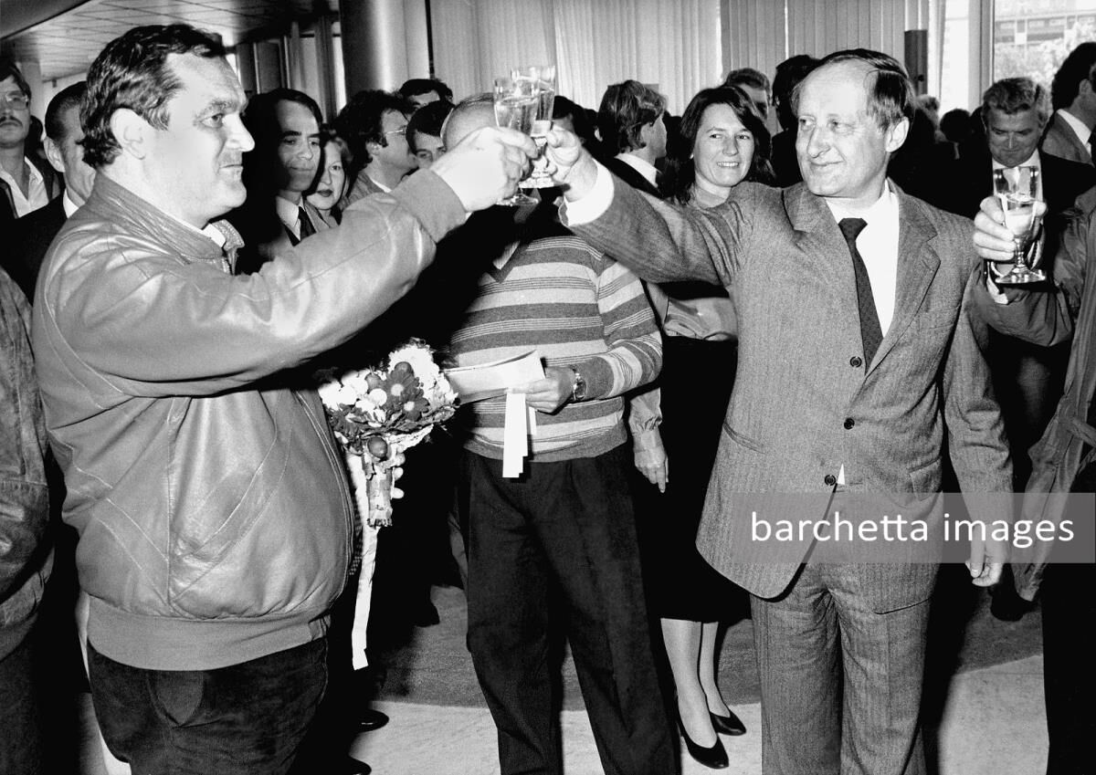 Paul Rosche and Eberhard von Kuenheim attending the Formula 1 victory celebrations 1983