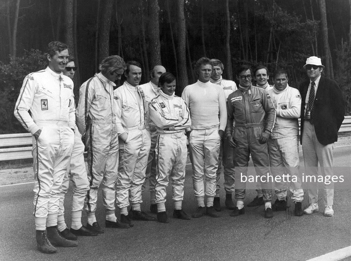 1970 in Le Mans during the production of the movie "Le Mans" with Steve McQueen. 4th from left Gérard Larrousse, 5th from left David Piper, 7th from left Steve McQueen, 8th from left Derek Bell, 2nd from right Herbert Linge.