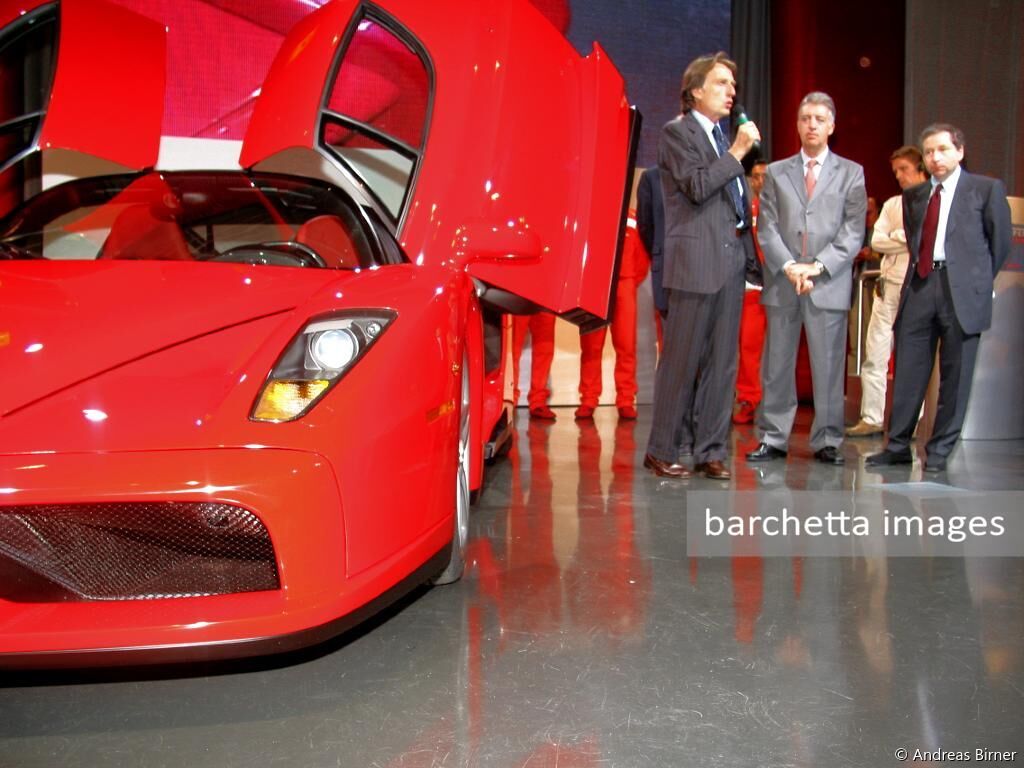 Gullwing doors of the Enzo Ferrari opened width, Luca di Montezemolo, Piero Ferrari and Jean Todt