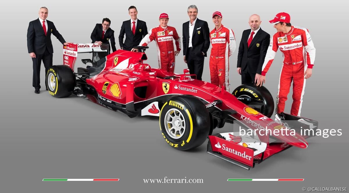 Ferrari SF15-T ... Corrado Lanzone-Mattia Binotto-James Allison-Kimi Raikkonen-Maurizio Arrivabene-Sebastian Vettel-Simone Resta-Esteban Gutierrez