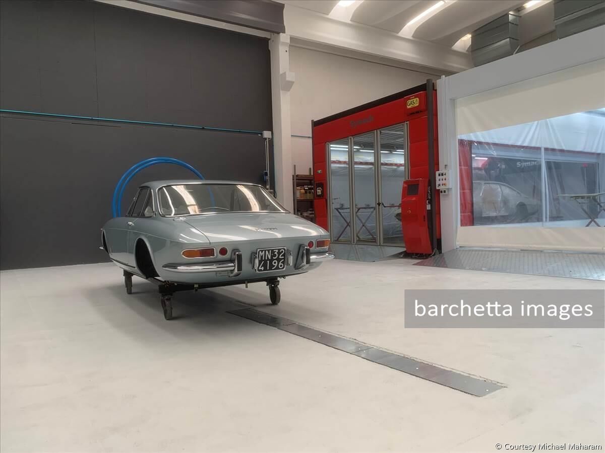 Under the oversight of Andrea Coriani 12421 is near completion by the team of Brandoli, Mauro Barbieri and Maieli and now goes to Bonini for mechanical completion. Paint is new Lechler Acrylic in original Celeste Gainsborough. Interior leather provided by Poltrana Frau, including dash and headliner, make for a beautiful interior. 

Sotto la supervisione di Andrea Coriani, il 12421 è in fase di completamento da parte del team di Brandoli, Mauro Barbieri e Maieli e ora passa a Bonini per il completamento meccanico. La vernice è la nuova Lechler Acrylic in Celeste Gainsborough originale. Gli interni in pelle sono stati forniti da Poltrana Frau, compresi cruscotto e headliner, che, anche se non strettamente corretti, rendono gli interni bellissimi.