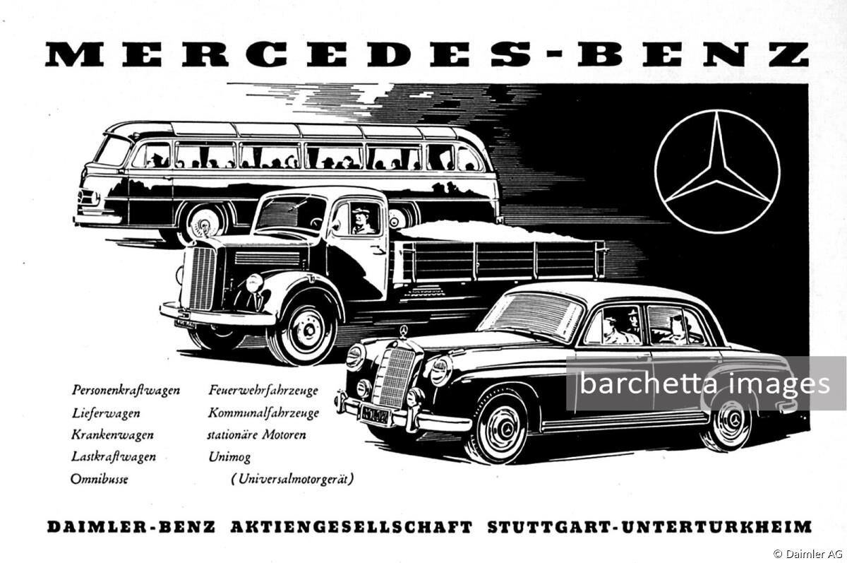 Werbeanzeige Daimler-Benz AG, etwa Mitte der 1950er-Jahre, mit den Fahrzeugen Mercedes-Benz O 321 H, L 312 und einem „Ponton“-Personenwagen. 

Daimler-Benz AG advertisement from the mid-1950s depicting the Mercedes-Benz O 321 H/L 312 vehicles and a “Ponton” passenger car. 