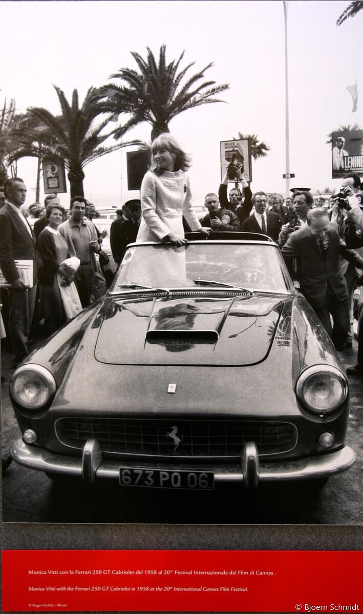 Monica Vitti with a Ferrari 250 GT PF Cabriolet Series II during the 1958 Cannes Film Festival