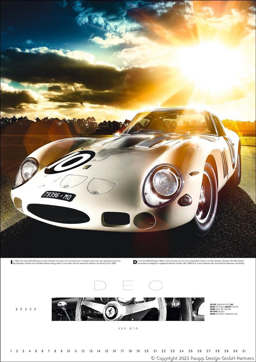 In 1962, this white 250 GTO goes to John Coombs, who puts it to successful use in English races with such legendary drivers as Roy Salvadori, Graham Hill and Mike Parkes among others. It has been with the renowned collector Jon Shirley since 1999