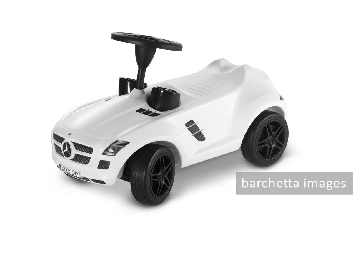 BOBBY-BENZ SLS AMG ride-on children's car, monza grey magno or matt white, plastic, ergonomic seat position, small turning circle, infinitely variable precision double-pivot steering, silent tyres with tread, true-to-original Mercedes-Benz AMG wheels, for children from 18 months, manufactured by BIG for Mercedes-Benz. Item number B66961209, 79.90 Euros (Price applies in Germany, incl. VAT.)