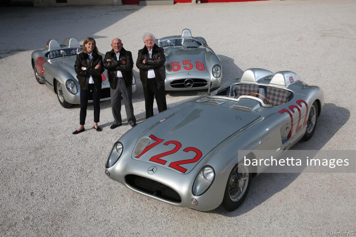 Mercedes-Benz brand ambassador Sir Stirling Moss (middle), Susie Wolff and Hans Herrmann with three Mercedes-Benz 300 SLR racing sports cars (W 196 S) with the start numbers of the 1955 Mille Miglia.