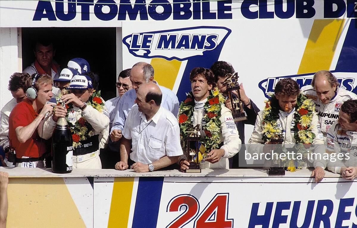 Double victory and fifth place, Winners: Jochen Mass / Manuel Reuter / Stanley Dickens, 2nd OA Mauro Baldi / Kenny Acheson / Gianfranco Brancatelli 5th OA, Jean-Louis Schlesser / Jean-Pierre Jabouille / Alain Cudini ... Peter Sauber at centre